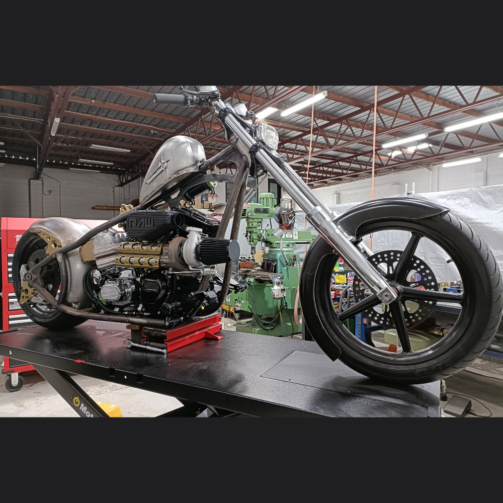 TurboCycle custom Harley-Davidson build in the workshop